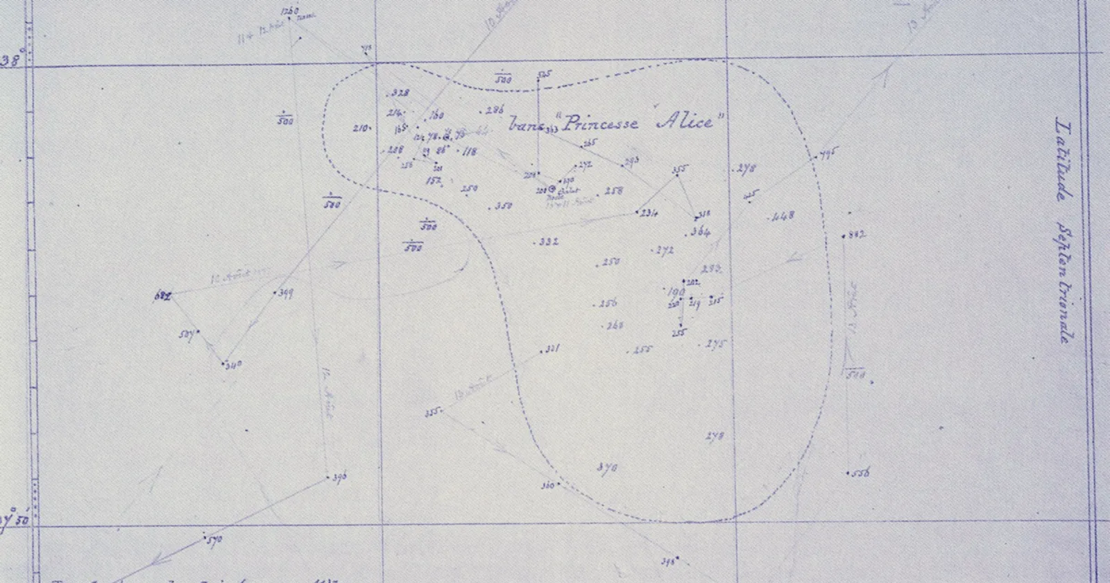 Hand-drawn 1896 chart of the Princess Alice bank, the seamount south of Faial where Azores diving now takes place inside a marine nature reserve, with soundings in meters