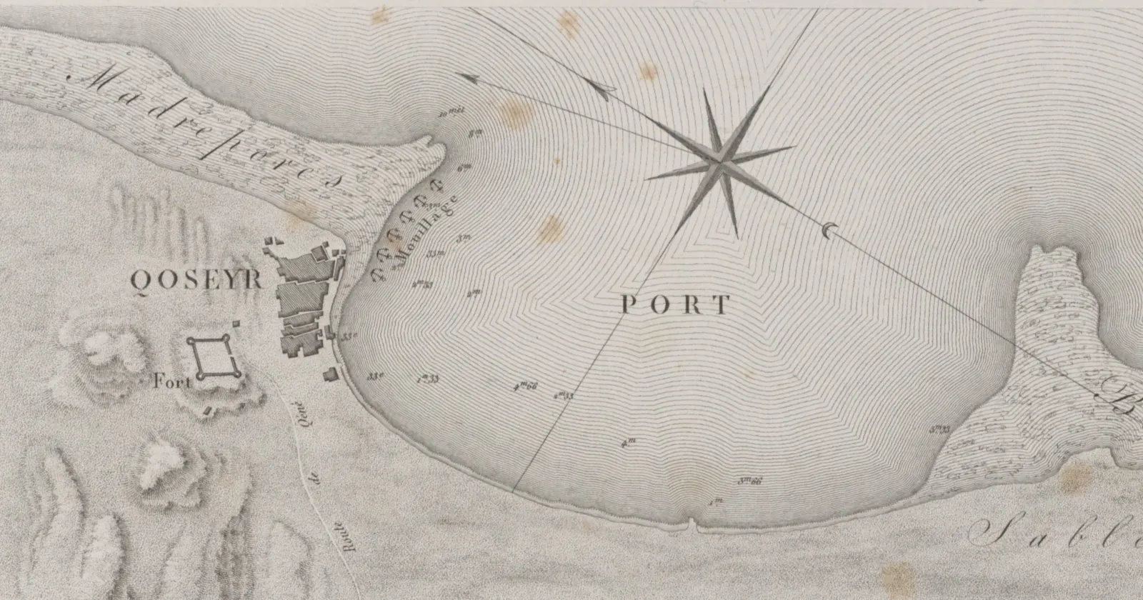 Early nineteenth century French plan of the port of Qoseyr, the town now called El Quseir, with coral banks marked madrepores on both sides of the bay and the anchorage beside the town