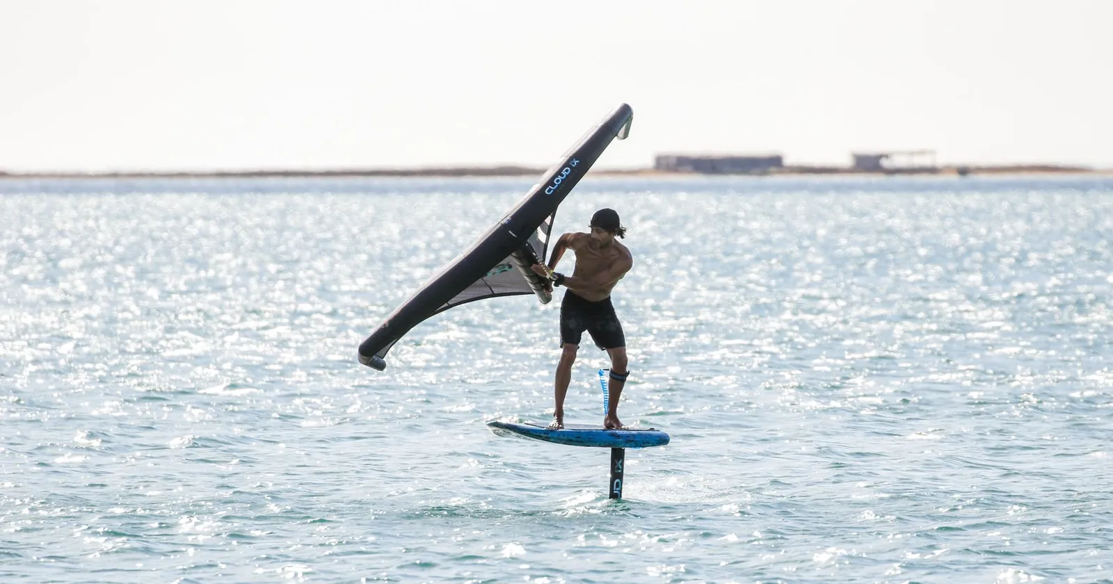 Hydrofoil board with the foil, mast and wings visible