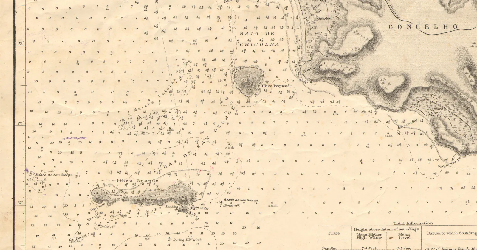 Admiralty chart of the sea off Mormugao showing Ilheu Grande, today's Grande Island, the Goa diving reef off Mormugao, with Ilheu Pequena and Bogmalo
