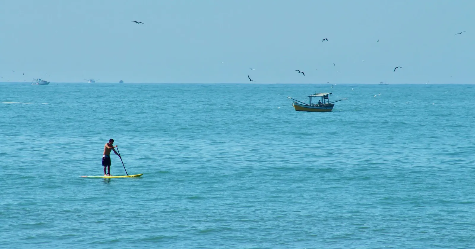 Angler fishing while standing on a paddleboard