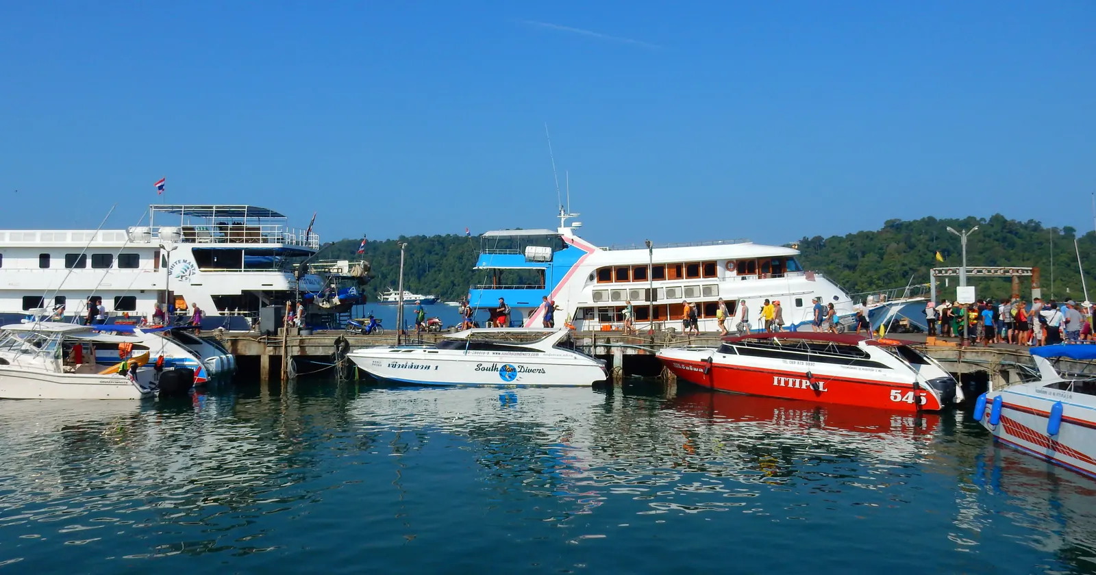 Speedboats and dive boats moored at Thap Lamu pier near Khao Lak, where most Similan Islands boats leave from