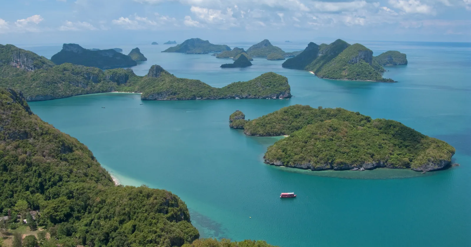 Limestone islands of Mu Ko Ang Thong National Park seen from above, the marine park west of Koh Samui where diving pays a national park fee