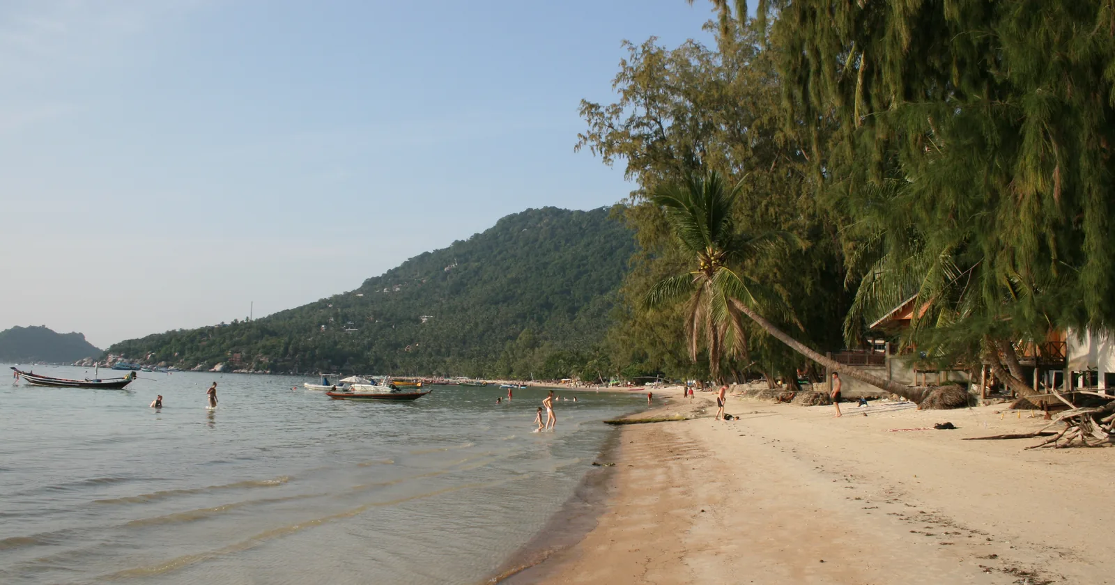 Sairee Beach on Koh Tao, Thailand, with longtail boats offshore