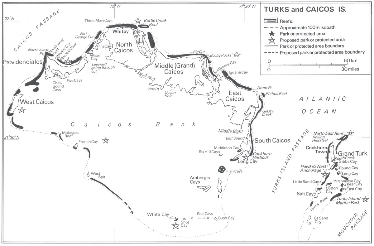 NOAA map of the Turks and Caicos Islands showing the reefs around Providenciales, West Caicos, Molasses Reef, French Cay, Grand Turk and Salt Cay, the areas that shape Turks and Caicos diving